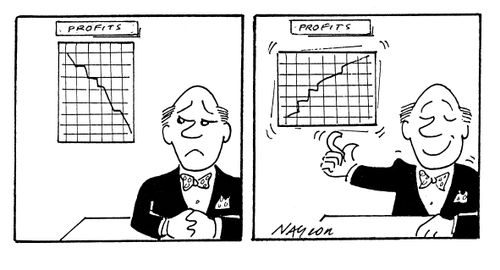 Man changing alignment of graph to show profit.