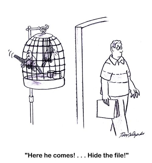 'Here he comes!... Hide the file!'