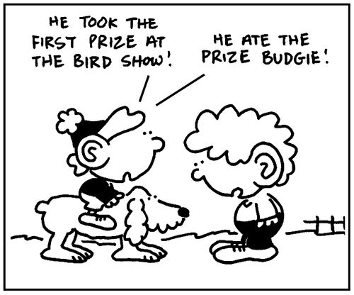 'He took the first prize at the bird show, He ate the prize budgie,'
