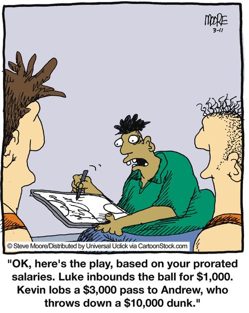 'OK, here's the play, based on your prorated salaries...'
