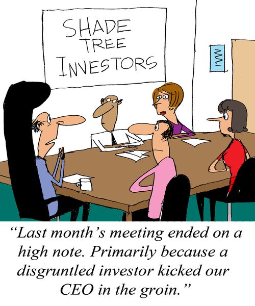 'Last month's meeting ended on a high note. Primarily because a disgruntled investor kicked our CEO in the groin.'