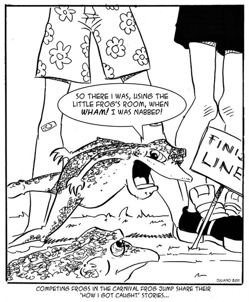 Competing frogs in carnival frog jump share their 'How I got caught' stories...