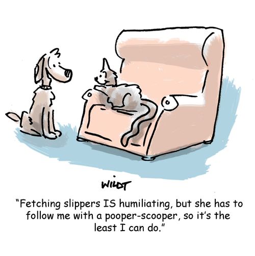 'Fetching slippers IS humiliating, but she has to follow me with a pooper-scooper, so it's the least I can do.'