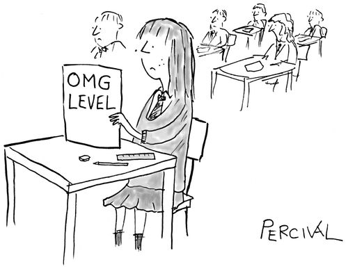 School girl taking an exam labelled OMG Level.