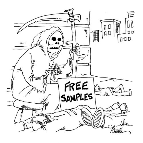 Grim Reaper hands out free samples.