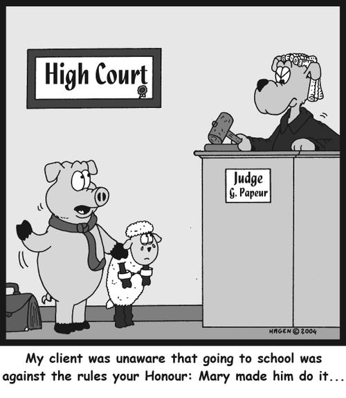 'My client was unaware that going to school was against the rules your Honour: Mary made him do it...'