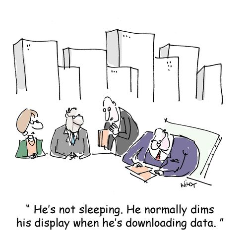 He's not sleeping. He normally dims his display when he's downloading data.