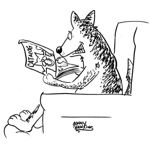 Dog reading catalog with impish grin.