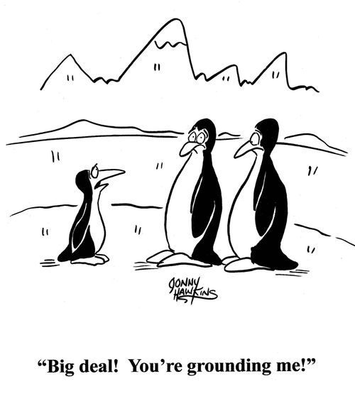 Penguin kid to parents: 'Big deal! You're grounding me!'
