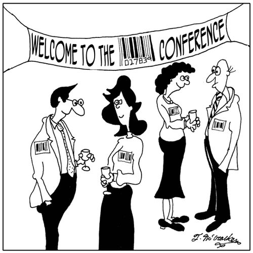 People at a conference all wear name-tags that are barcodes.