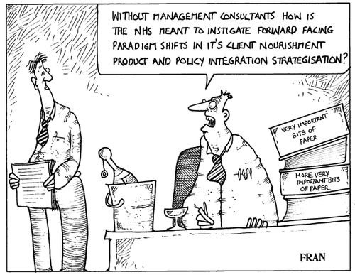'Without management consultants how is the NHS meant to instigate forward facing paradigm shifts in it's client nourishment product and policy integration strategisation?