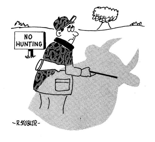 Hunter in field with no hunting sign in background. Giant bull watching him.