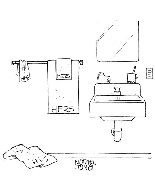 Bathroom of couple shows woman's things are neatly in place while man's things are unkempt