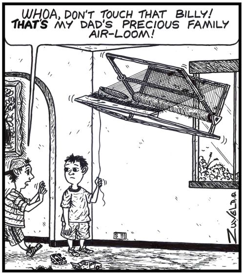 'WHOA, don't touch that Billy! THAT'S my dad's precious family Air-loom!' A kid messing around with an Heirloom in the form of a floating Loom .