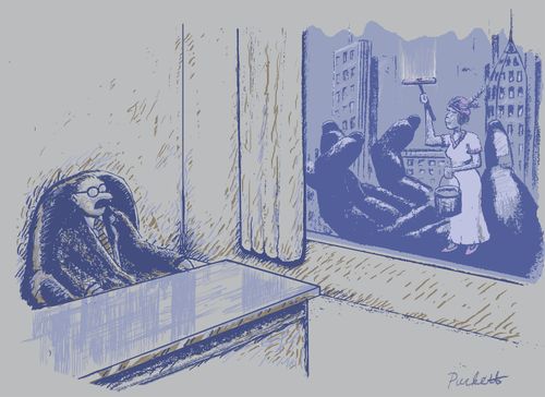 A man sitting in his office looking out of window to see a woman washing windows with the help of a giant monkey..