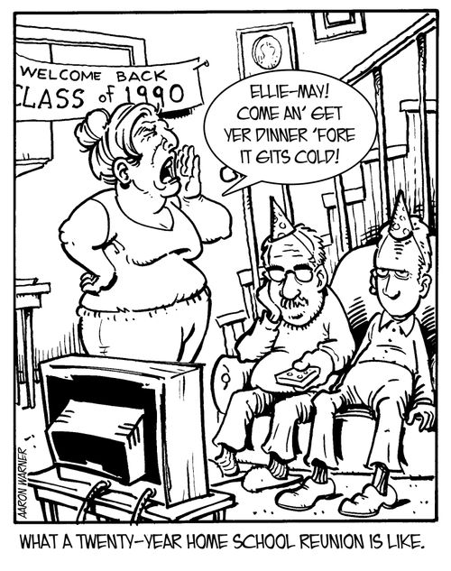 What a twenty-year home school reunion is like. ('Ellie-May! Come an' get yir dinner 'fore it gits cold!')