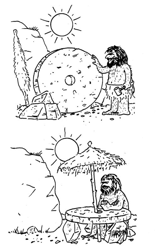 Caveman invents the wheel and uses it as a table.