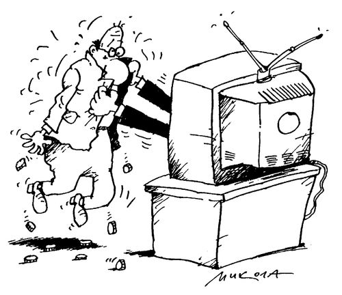 Arms of television shaking all the money from the man watching it