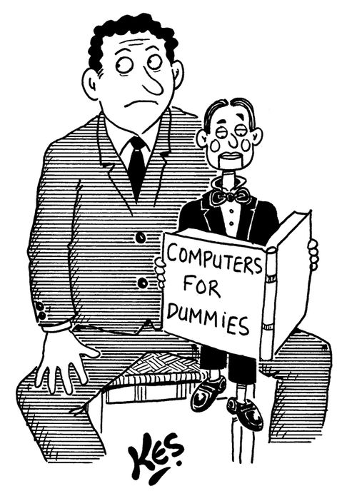 Ventriloquist's dummy reads 'Computers for dummies'.