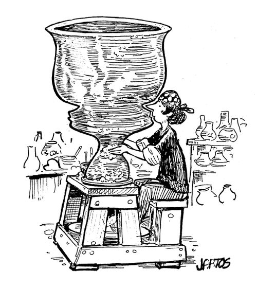 Woman throwing giant pot.