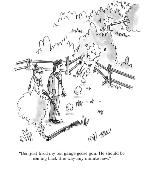 'Ben just fired my ten guage goose gun.  He should be coming back this way any minute now.'