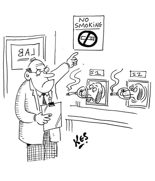 Scientist chides lab dogs for smoking.