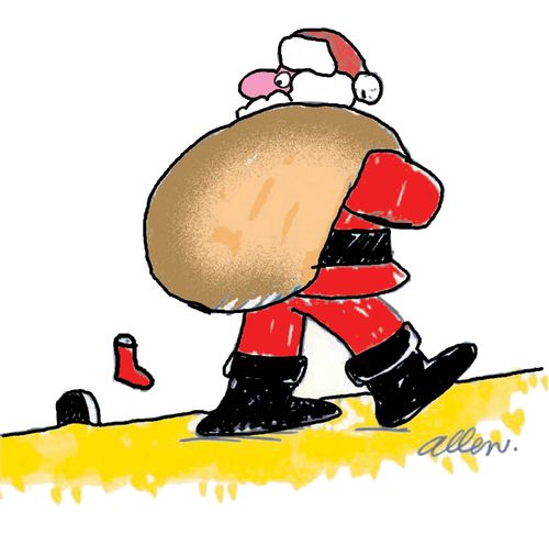 Santa spots stocking hanging up outside mousehole.