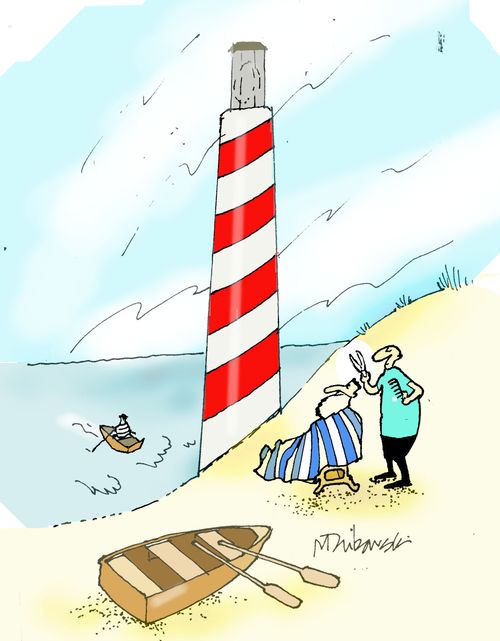 Haircuts on the beach under barberpole striped lighthouse.