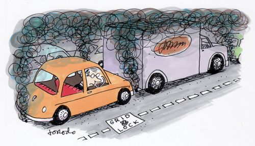 Driver notices grid lock on road.