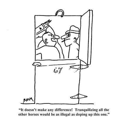 'It doesn't make any difference!  Tranquilizing all the other horses would be as illegal as doping up this one.'