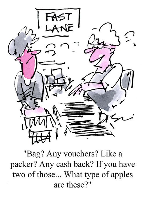 'Bag? Any vouchers? Like a packer? If you have two of those... What type of apples are these?'