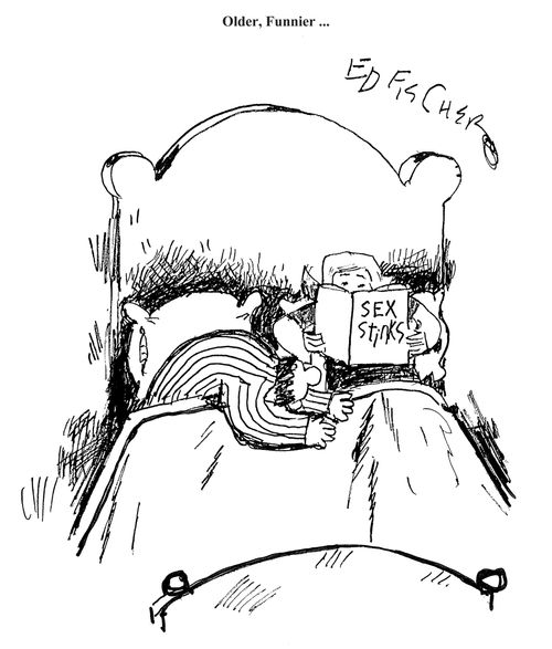 Women in bed with her husband reads a book titled 'Sex Stinks'.