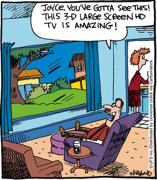 'Joyce, you've gotta see this! This 3-D large screen HD TV is amazing!'