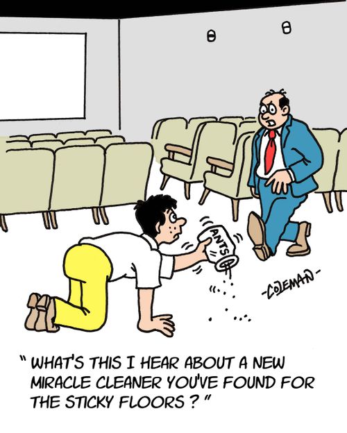 'What's this I hear about a new miracle cleaner you've found for the sticky floors?'