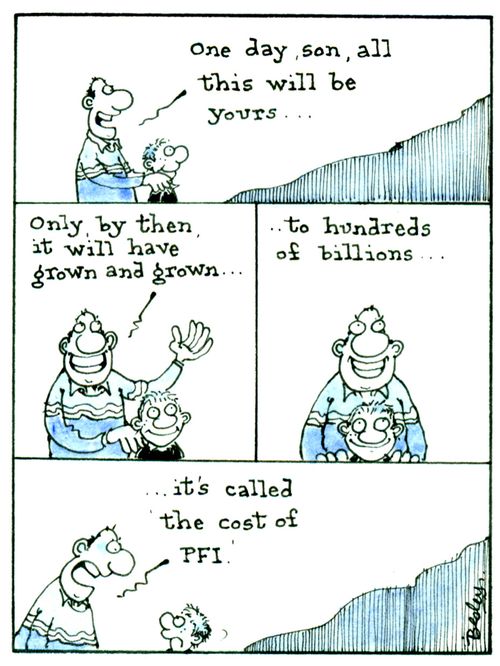 'One day, son, all this willy be yours...only by then it will have grown and grown...to hundreds of billions...it's called the cost of PFI.'