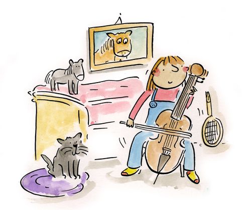 Cello player has an audience of cats.