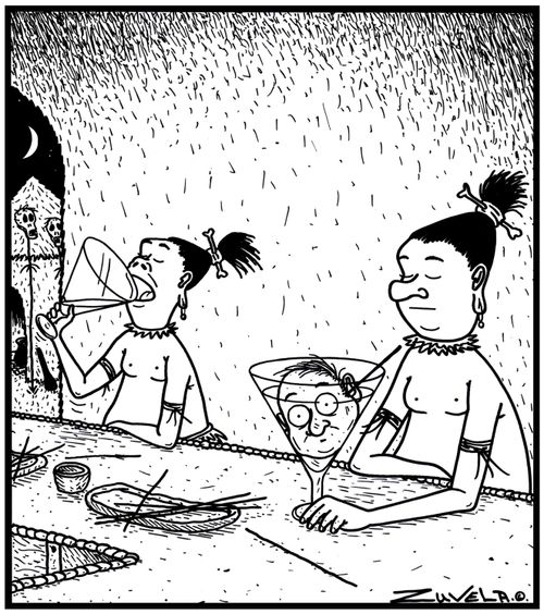 Cannibals enjoying Martinis using heads as olives.