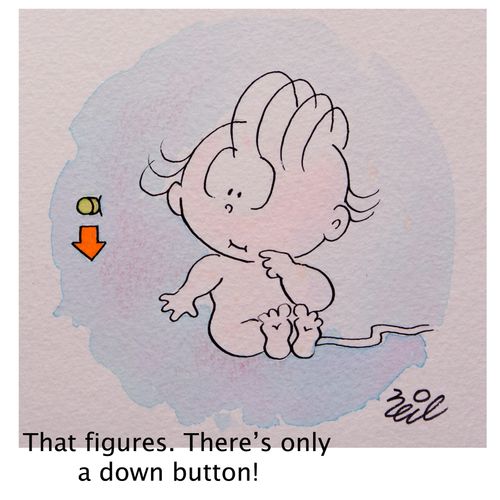 'That figures. There's only a down button!'