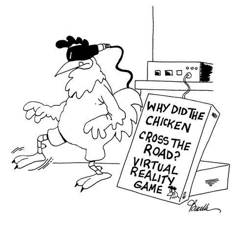 Virtual chicken crossing the road.
