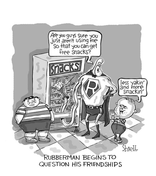 Rubberman Begins to Question His Friends.
