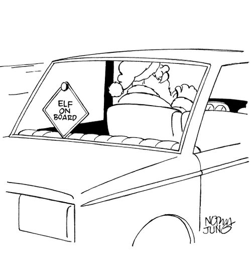 Santa drives car which has sign, 'elf on board'.