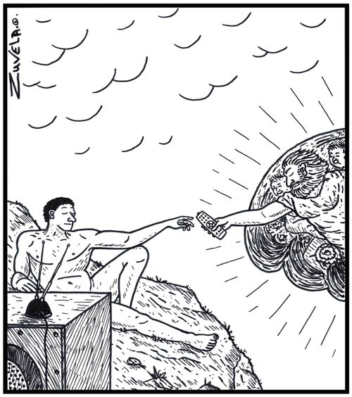 God handing Adam a TV remote control for his TV.
