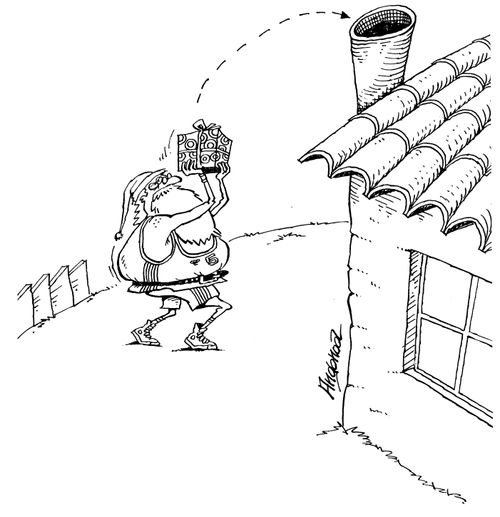 Santa throwing a present into a chimney.