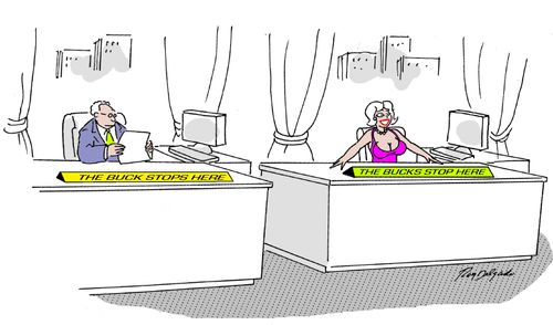 Desk reading 'The buck stops here' next to another reading 'The bucks stop here'.