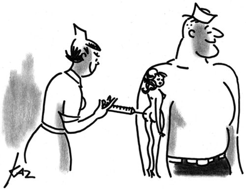 Injecting into a sailor's tattoo.