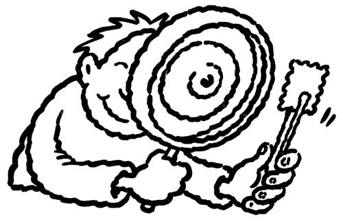Stamp collector with a magnifying glass.