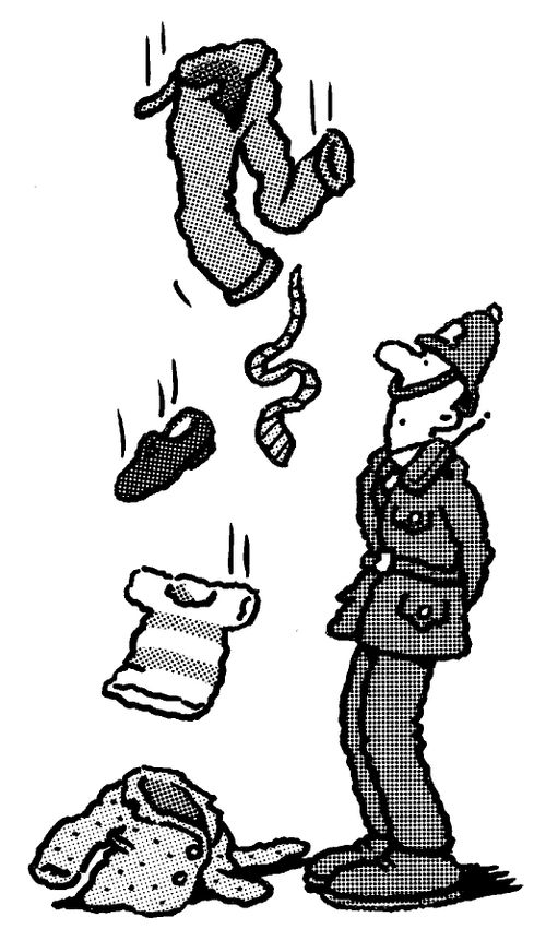 Clothes falling next to a policeman.
