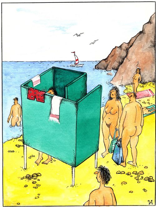 Shy Man at Nudist Beach
