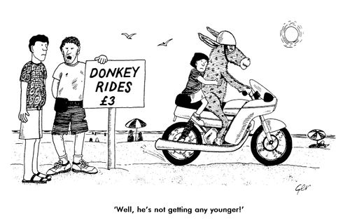 Donkey rides on beach, "Well he's not getting any younger"