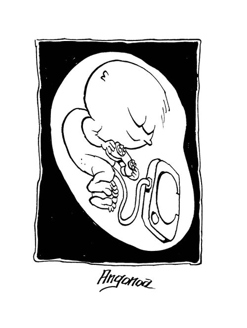 Computer generation - embryo in the womb plays computer games.